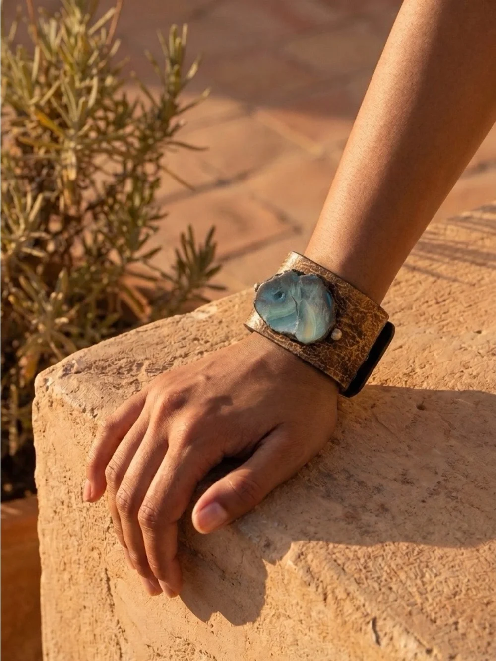 Leather Cuff Smartwatch Band with Blue Stone Accent